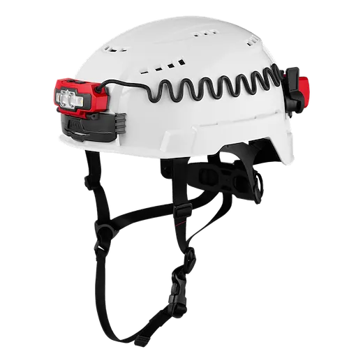 BOLT Rechargeable Low-Profile Headlamp mounted on a white safety helmet with black straps and a coiled cable connection.