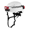 BOLT Rechargeable Low-Profile Headlamp mounted on a white safety helmet with black straps and a coiled cable connection.