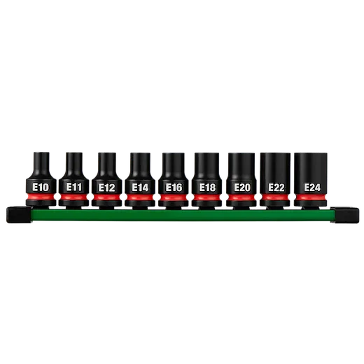 9PC SHOCKWAVE Impact Duty 1/2" Drive E-Torx Bit Socket Set arranged on a rail with labeled E10–E24 sockets.