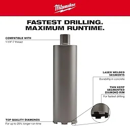 Milwaukee Diamond Ultra Dry Core Bit Walk Around with 1-1/4"-7 thread, laser welded segments, thin kerf rim, and top quality diamonds.