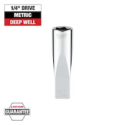 The image shows a Milwaukee 1/4" drive metric deep well socket with a 10mm marking, made of polished metal. The top-left corner has a label reading "1/4" Drive Metric Deep Well." A "Lifetime Guarantee" badge is in the bottom-left corner.