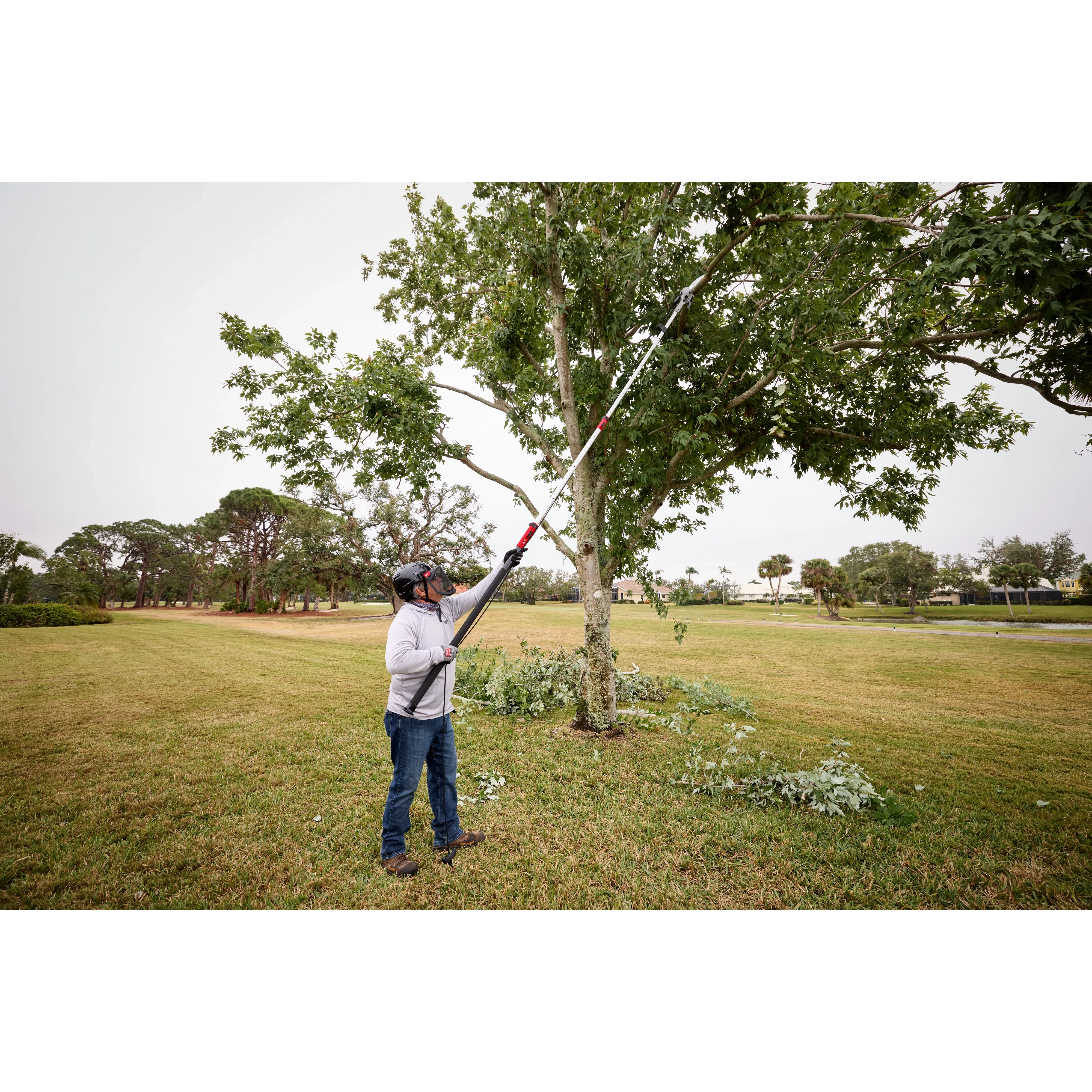 A person wearing safety gear is using a 16’ Pole Saw & Pruner to trim branches from a tree in an open, grassy area. The pruned branches are scattered on the ground below.