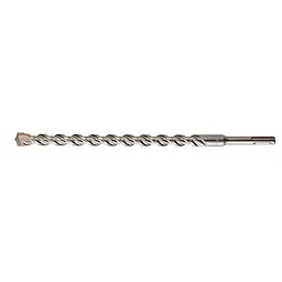 SDS-PLUS 2CT 5/8" X 10" X 12". A long metal drill bit featuring a spiraled shaft design for efficient drilling. The drill bit has two cutting tips at the end and is designed for drilling through concrete and masonry. The shaft is sturdy and durable for heavy-duty usage.