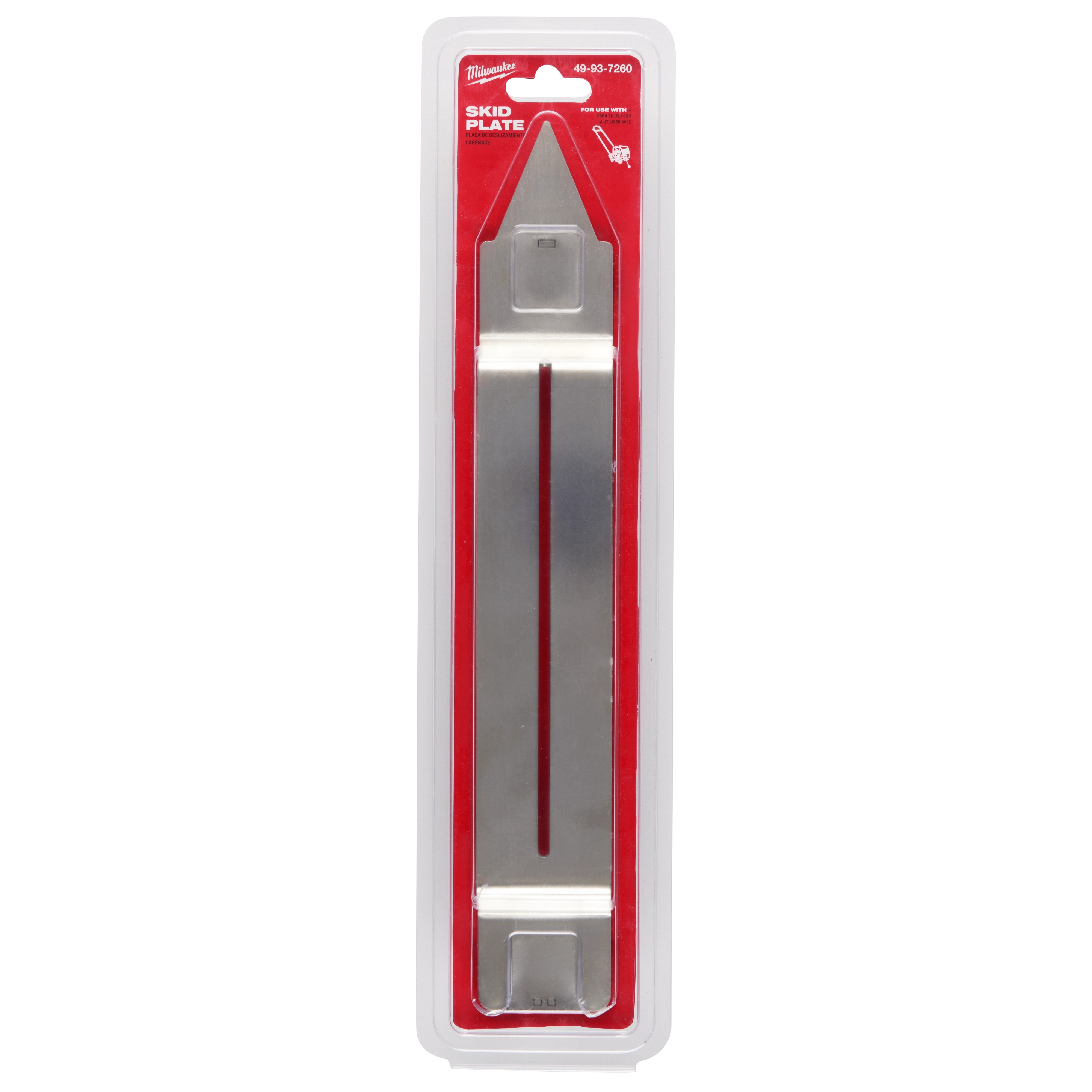 6" Skid Plate in a clear plastic packaging with a red background and white text. The skid plate is metallic with two slots.