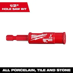 Red 1/2" Diamond Max Hole Saw for drilling porcelain, tile, and stone, with a 12mm diamond grit tip and hex shank.