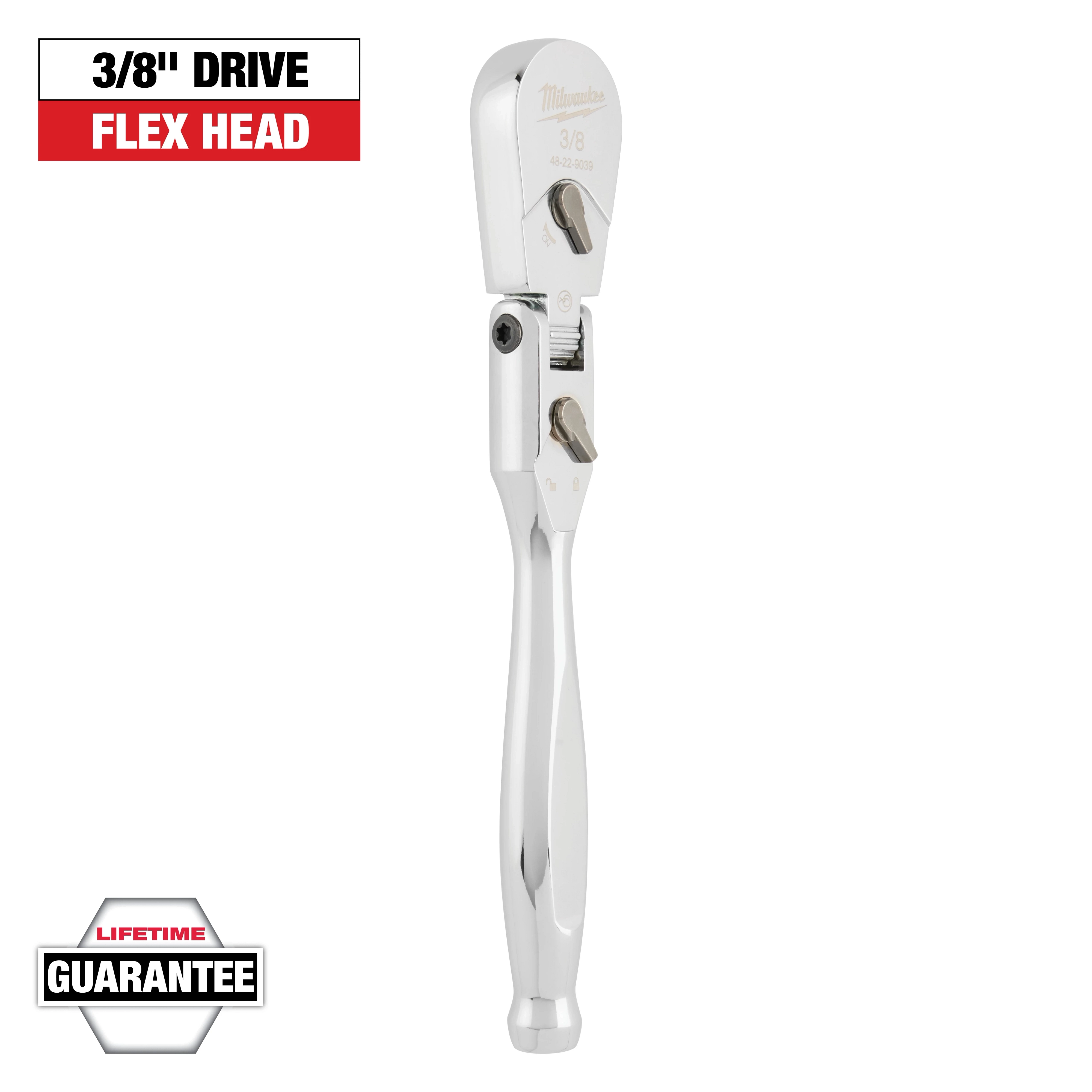 The image shows a Milwaukee 3/8" drive flex head ratchet with a chrome finish. The top-left corner reads "3/8" Drive Flex Head" in a black and red box, while the bottom left corner features a "Lifetime Guarantee" badge.