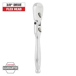 The image shows a Milwaukee 3/8" drive flex head ratchet with a chrome finish. The top-left corner reads "3/8" Drive Flex Head" in a black and red box, while the bottom left corner features a "Lifetime Guarantee" badge.