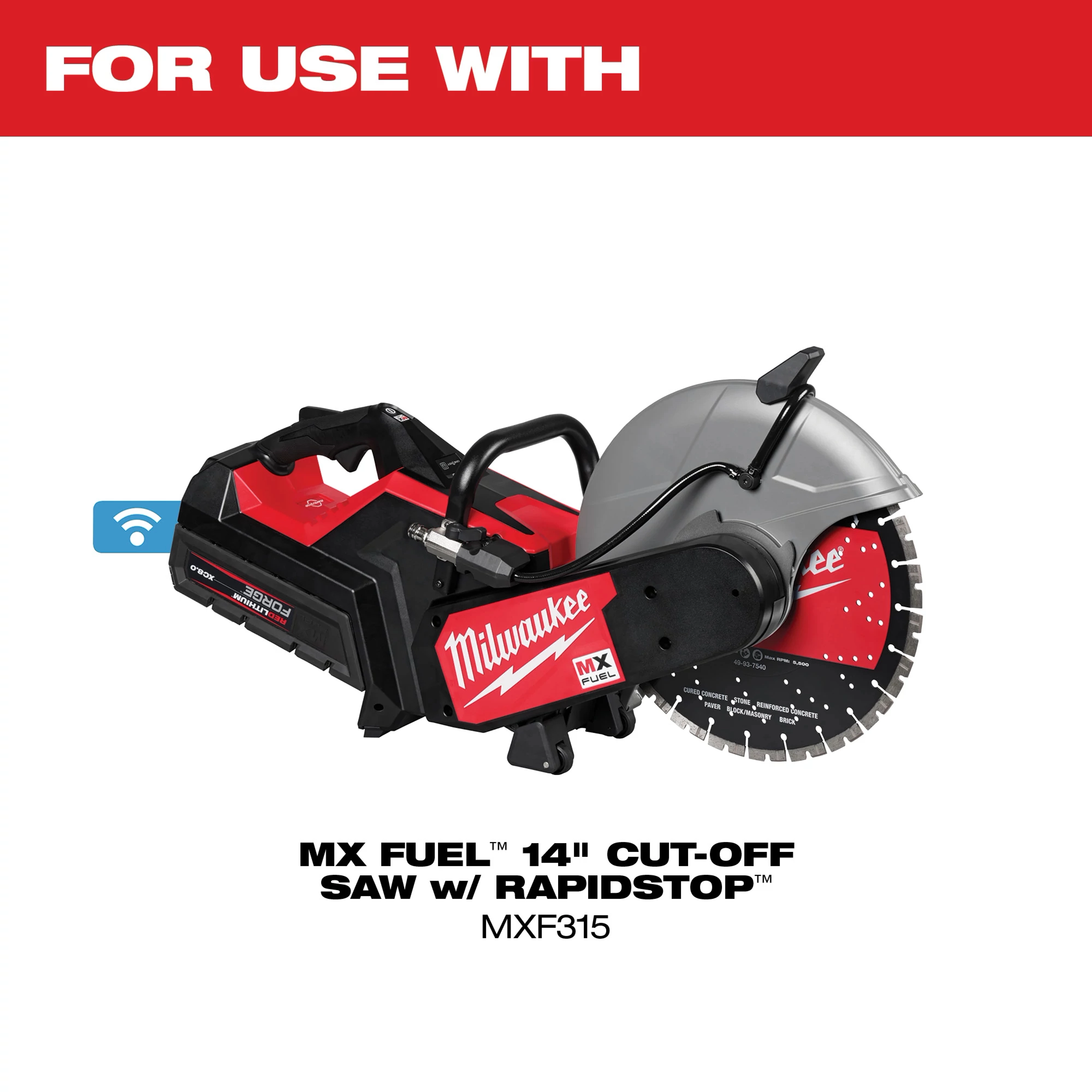 MX Fuel 14-inch Cut-Off Saw with Rapidstop (MXF315) for use with MX Fuel Cut-Off Saw Cart. Features a red and black design.