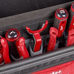 The 3 PC Locknut Wrench Set, featuring black and red tools with 3/16" size markings, is organized in a black and red tool case. The set includes ergonomic red-handled wrenches.