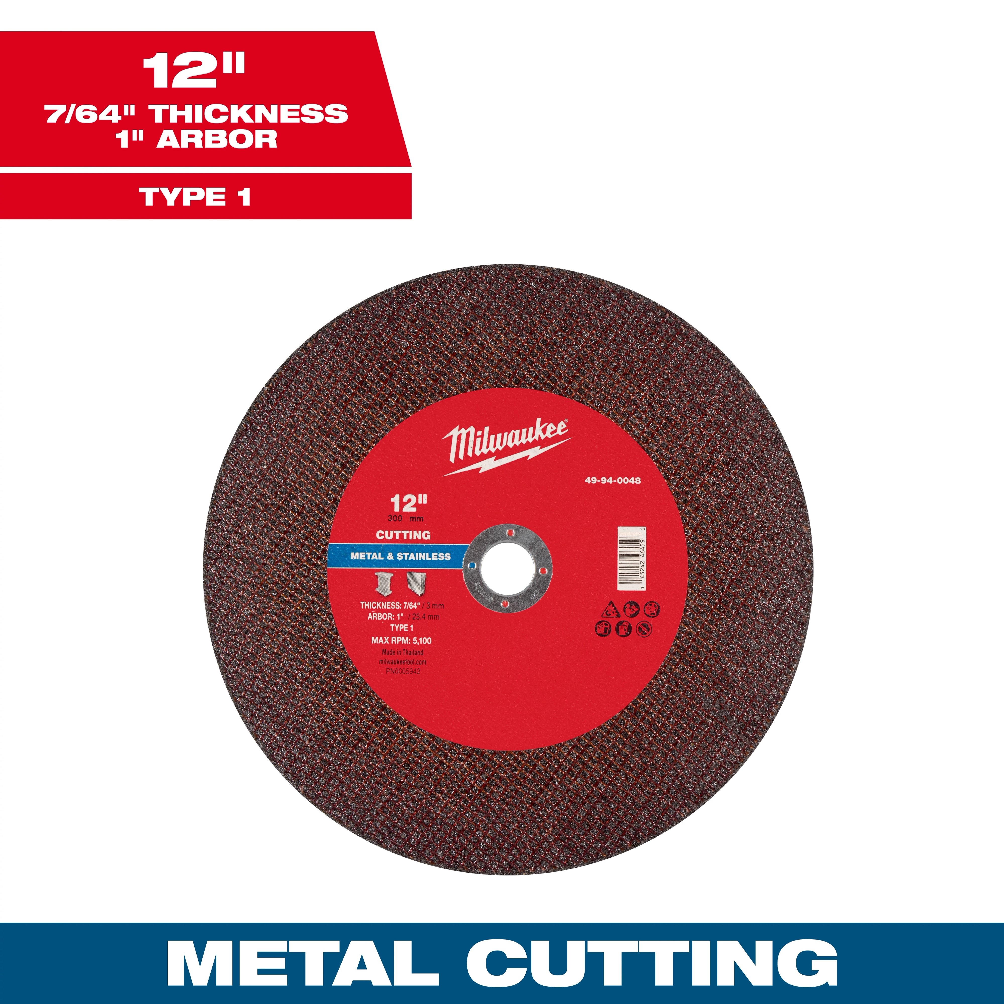12" x 7/64" x 1" Metal Cut Off Wheel - Type 1 with a red label, used for metal and stainless cutting applications.