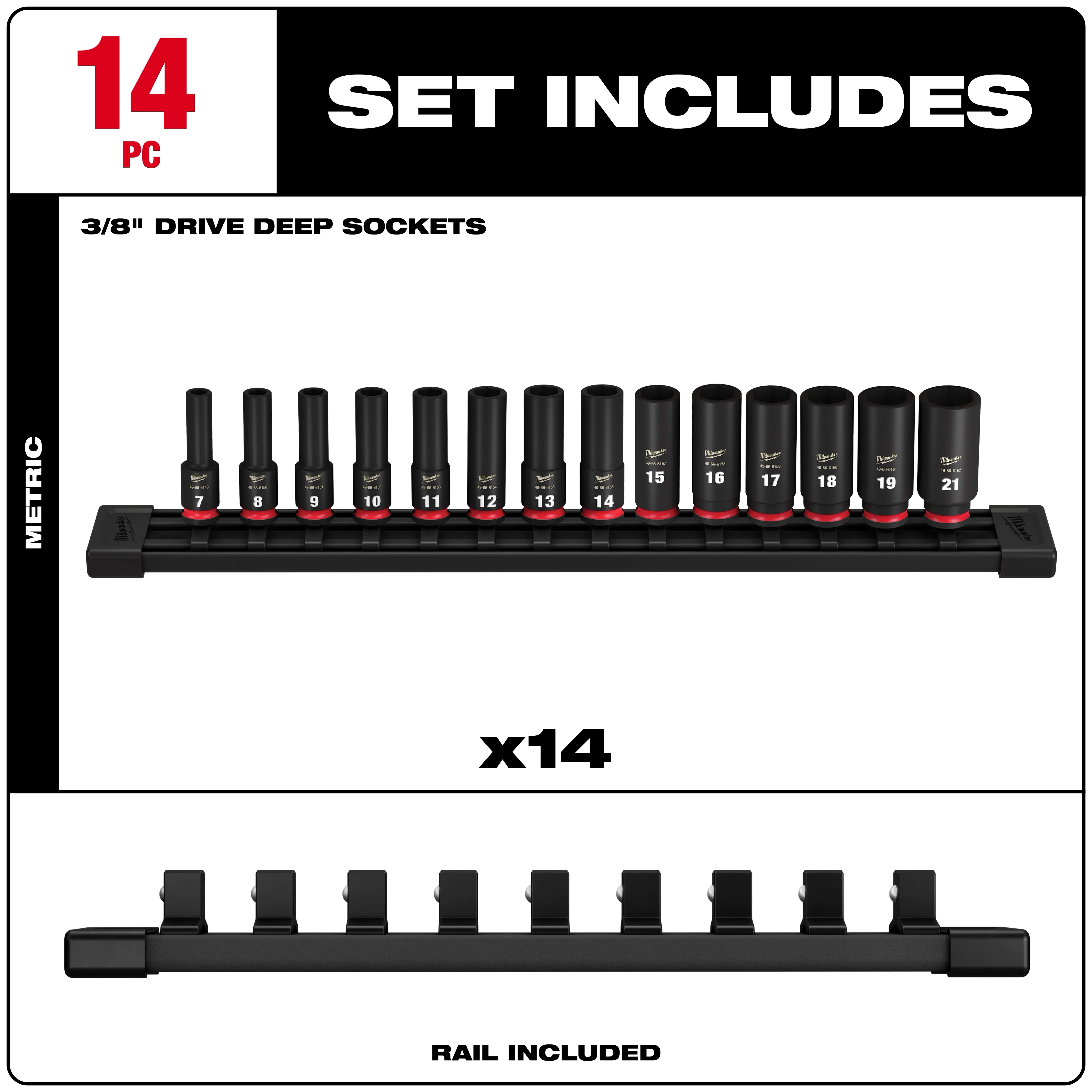Milwaukee 14-piece 3/8" Drive Deep Sockets set includes sockets ranging from sizes 8 to 21 mm, displayed on a rail for organized storage. The set is labeled "metric" indicating the measurement system used.