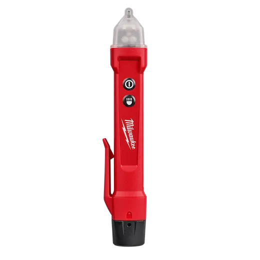 Milwaukee voltage detector pen, red with black tip, side clip, two buttons for power and LED flashlight feature.
