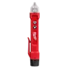 Milwaukee voltage detector pen, red with black tip, side clip, two buttons for power and LED flashlight feature.