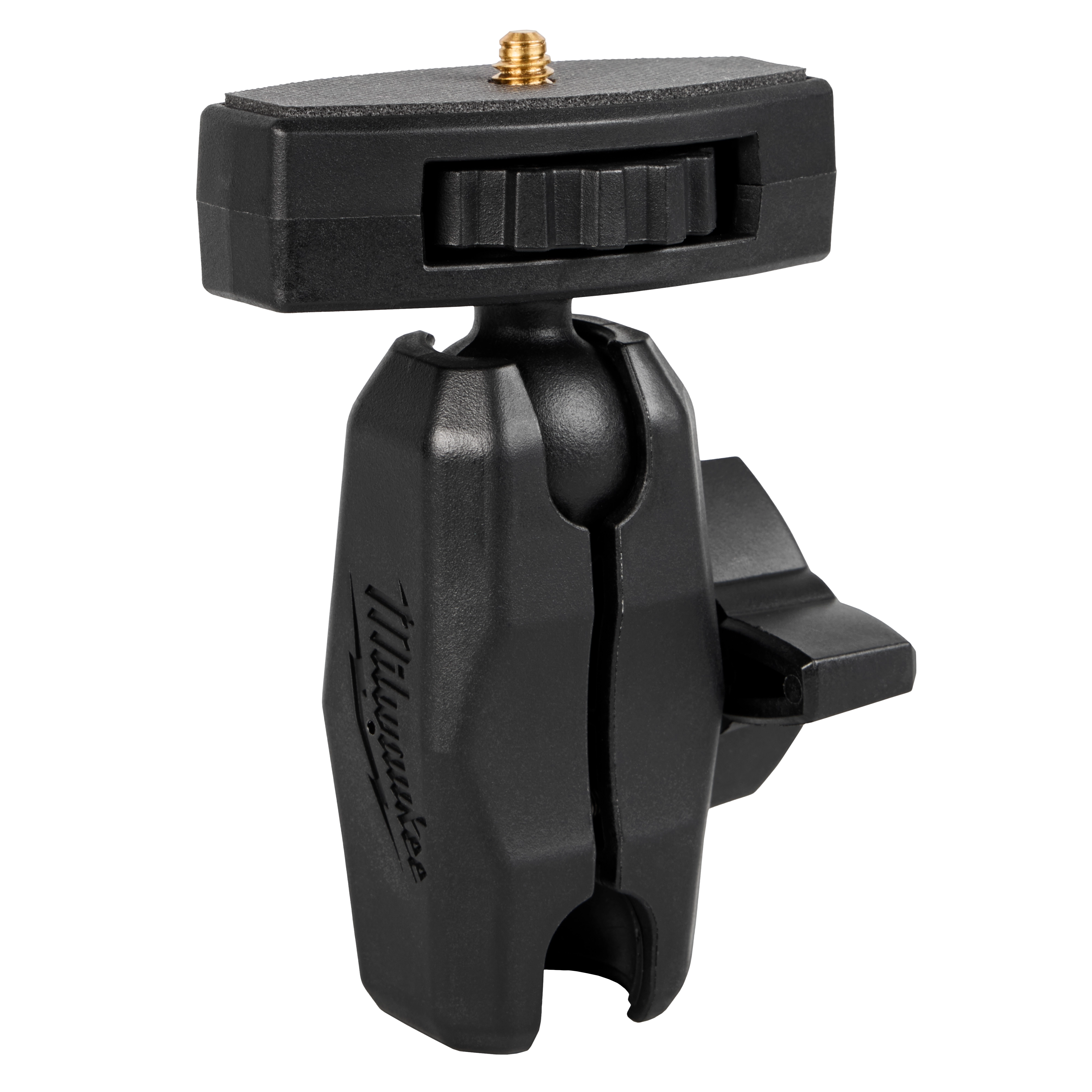 The image shows a Monitor Mount for M12™ Wireless Monitor. It is a black, adjustable mounting device with a ball joint for rotational flexibility and a threaded connector on the top. The mount includes a locking mechanism for securing the monitor in place.