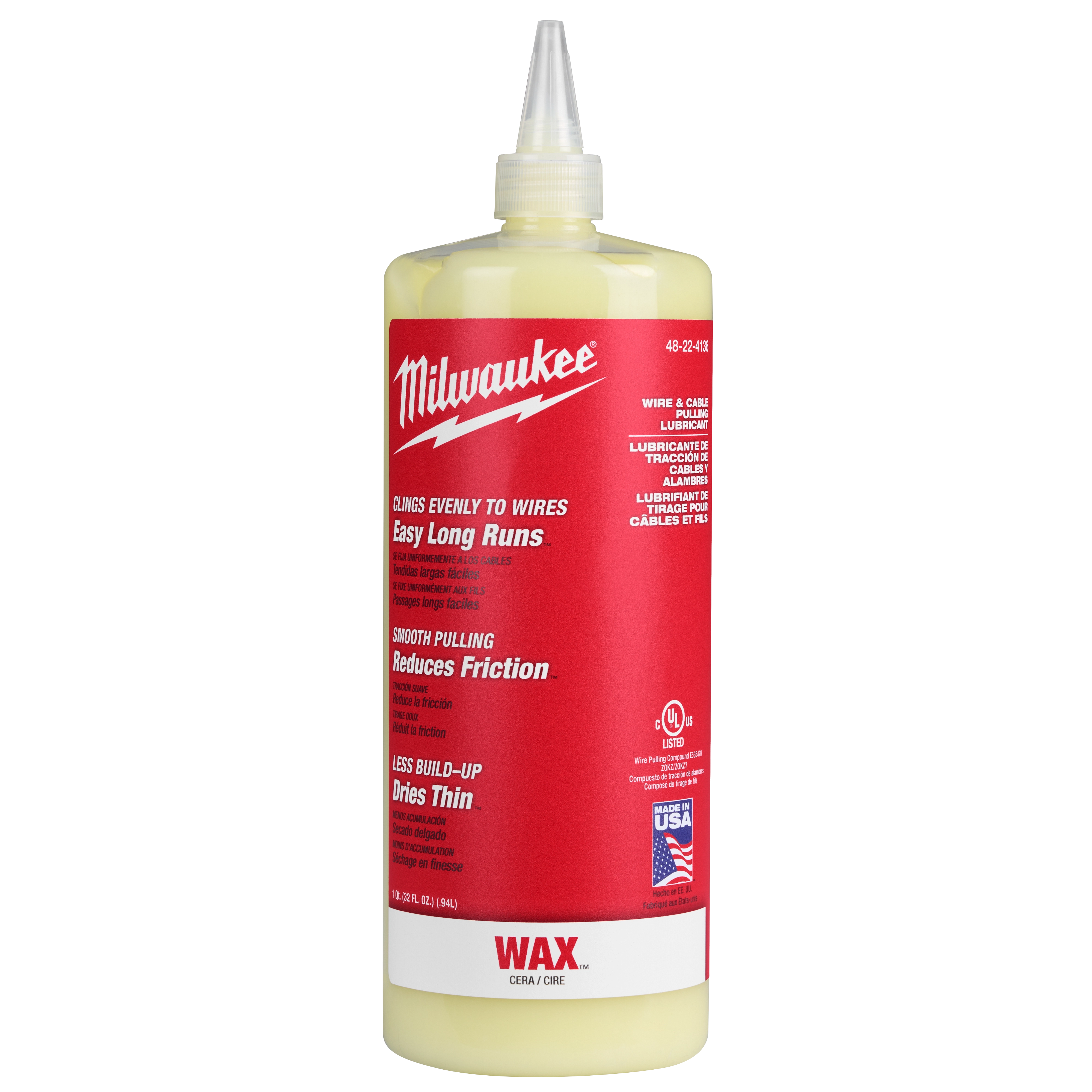 Milwaukee Wire & Cable Pulling Wax Lubricant in a yellow bottle with a red label, designed to reduce friction and prevent build-up.