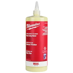 Milwaukee Wire & Cable Pulling Wax Lubricant in a yellow bottle with a red label, designed to reduce friction and prevent build-up.