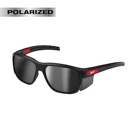 Polarized Full Frame Safety Glasses with Removable Side Shields, featuring mirrored dual coat lenses and black frames with red accents.