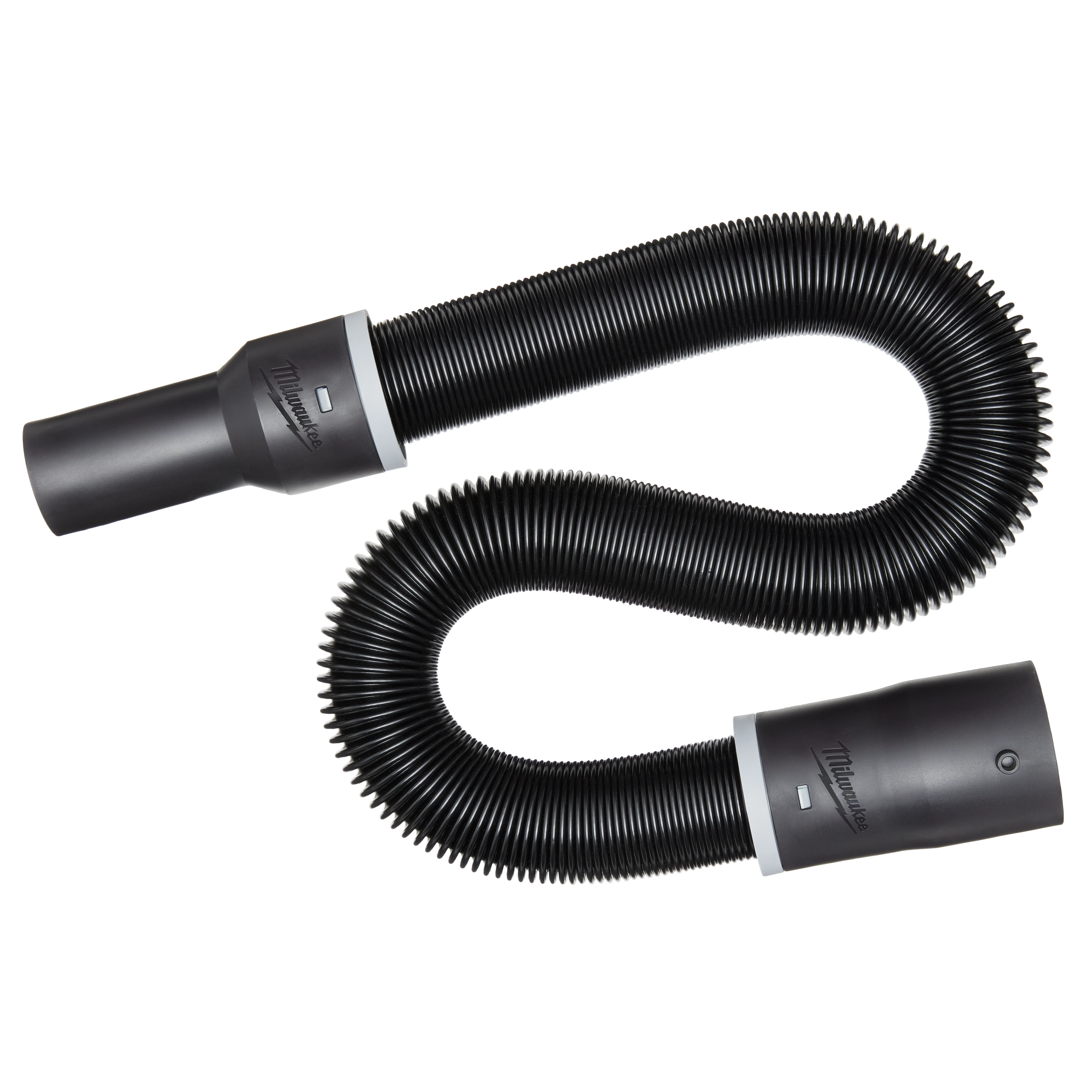 Coiled, black, ridged 1-7/8” x 32” to 102” Expandable Hose with two black connectors on each end. The connectors have a logo and button mechanism. The hose is designed for flexible connectivity and extends or contracts to different lengths.