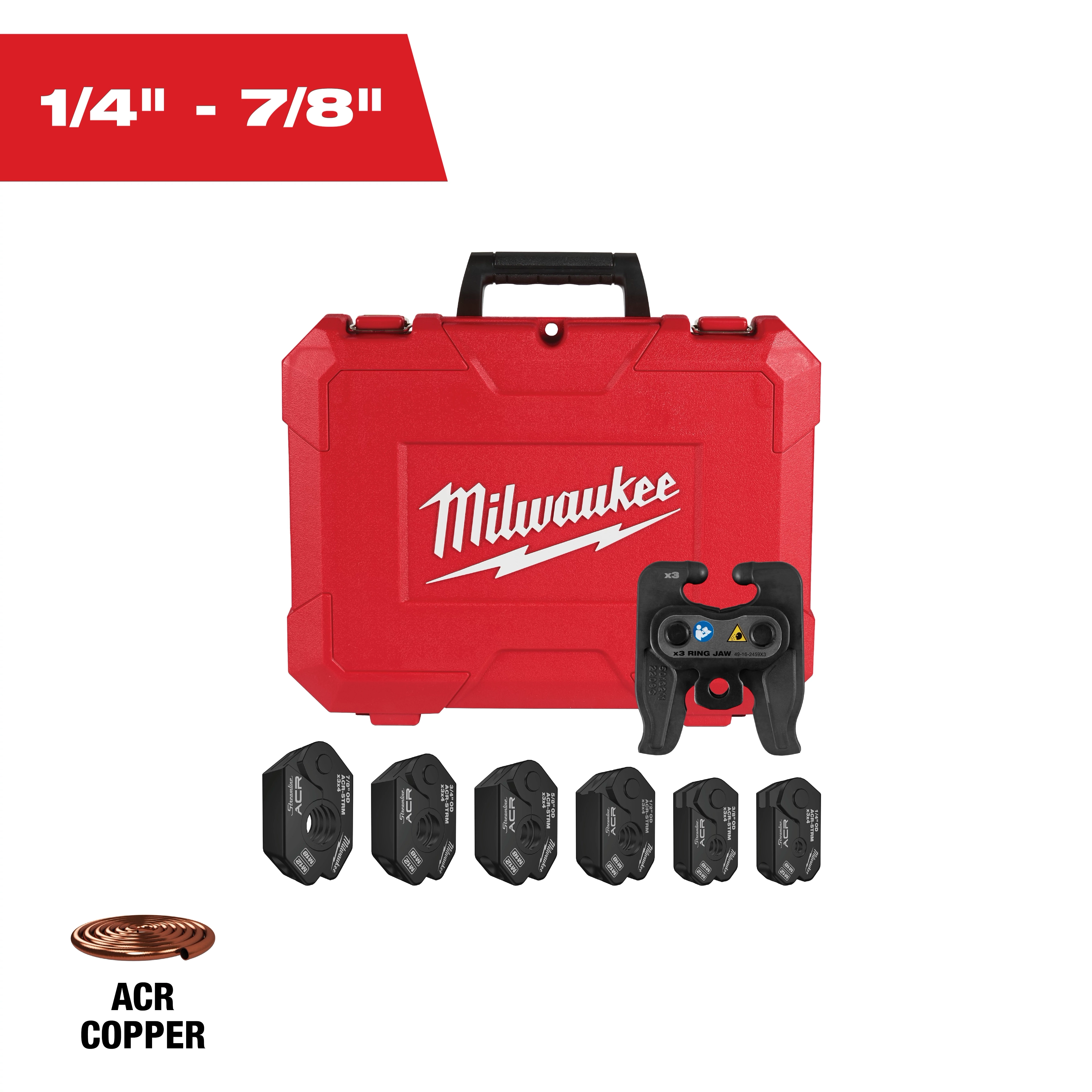 The Milwaukee 1/4" - 7/8" Streamline® ACR Pivoting Press Ring Kit for M12™ FORCE LOGIC™ Press Tool includes a red carrying case, six black press rings, and an ACR copper press accessory.