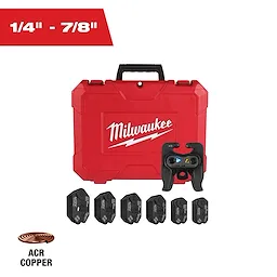 The Milwaukee 1/4" - 7/8" Streamline® ACR Pivoting Press Ring Kit for M12™ FORCE LOGIC™ Press Tool includes a red carrying case, six black press rings, and an ACR copper press accessory.