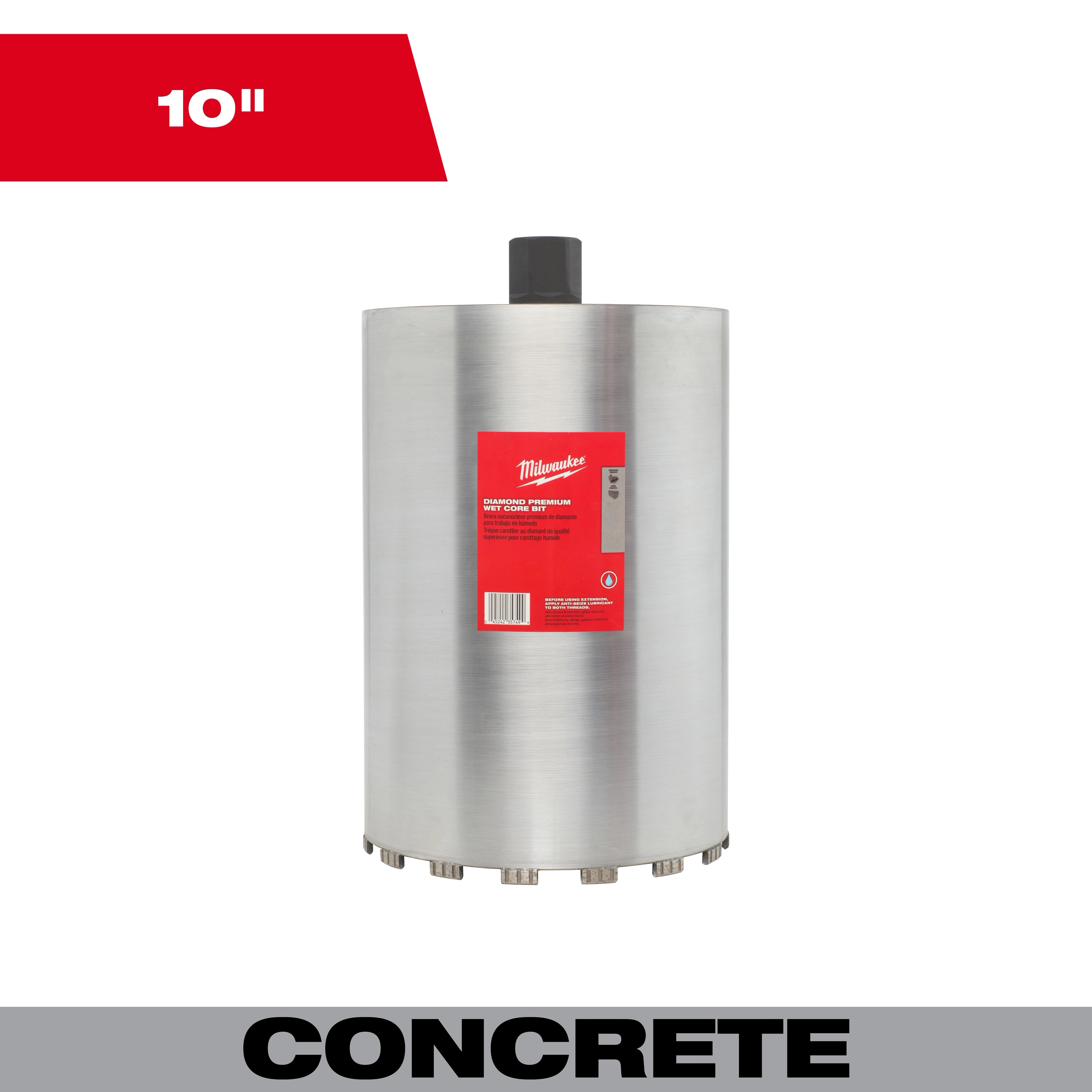 10" Diamond Premium Wet Core Bit designed for concrete drilling, featuring a gray cylindrical body with a red label.