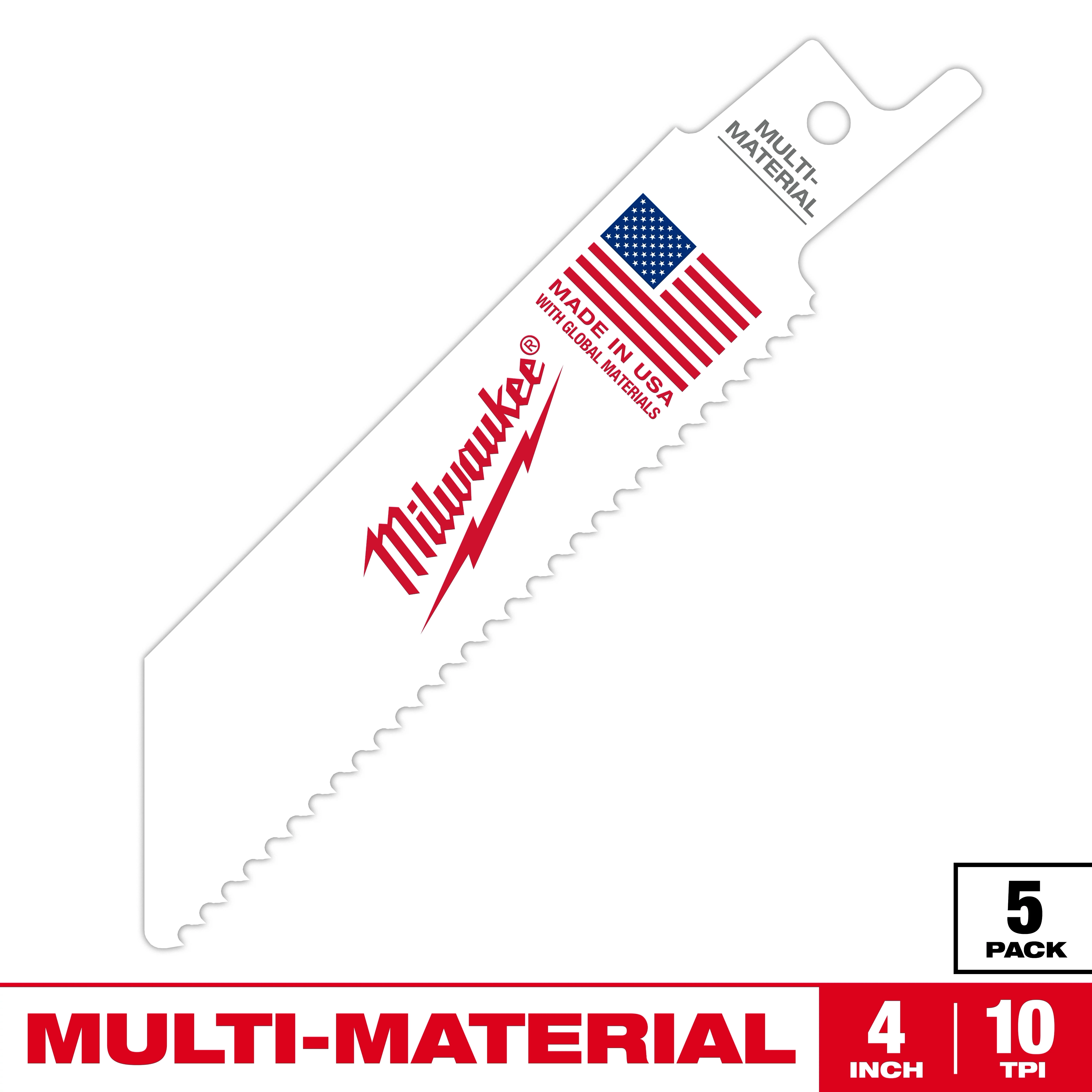 Milwaukee 4-inch 10 TPI multi-material saw blades are shown. The white blade features the Milwaukee logo, an American flag, and "Made in USA with global materials" text. Pack contains five blades designed for cutting various materials.