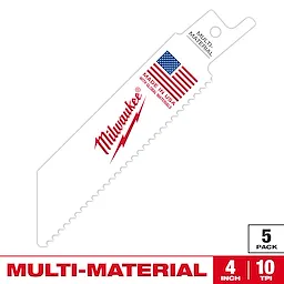 Milwaukee 4-inch 10 TPI multi-material saw blades are shown. The white blade features the Milwaukee logo, an American flag, and "Made in USA with global materials" text. Pack contains five blades designed for cutting various materials.