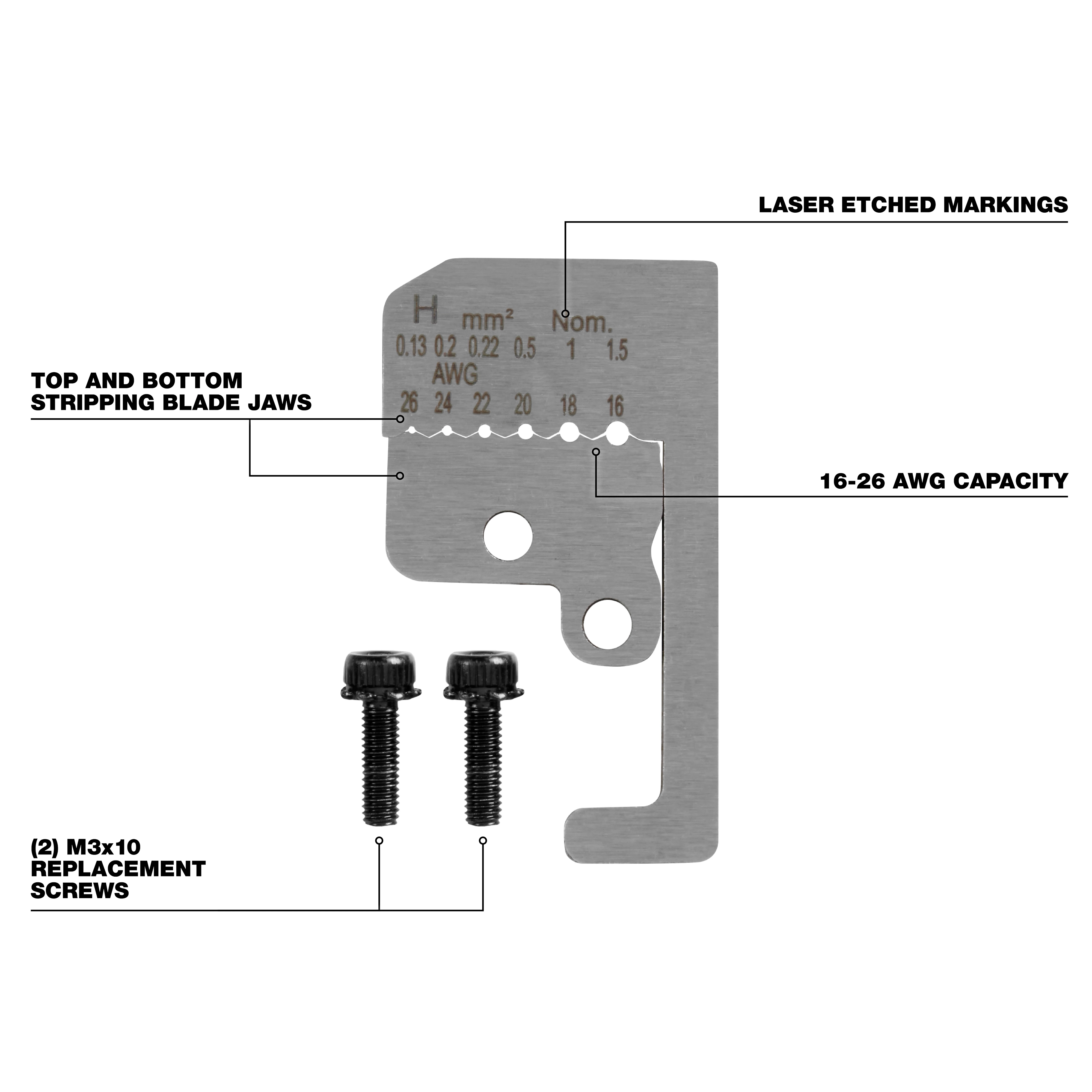 16-26 AWG Automatic Wire Stripper Low Voltage Replacement Blade Kit with laser etched markings and two M3x10 replacement screws.