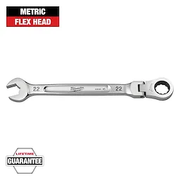 This image shows a Milwaukee metric flex head wrench size 22, with an open-end and ratcheting box end. Labels include "Metric" and "Flex Head" in red and black, and a "Lifetime Guarantee" badge at the bottom. The wrench is silver with the Milwaukee logo in the center.