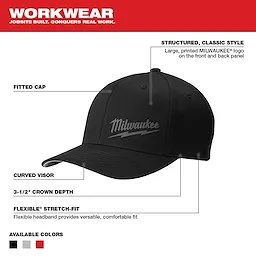 Milwaukee Fitted Hat with a structured, classic style, curved visor, 3-1/2" crown depth, black color, and printed logo on front and back.