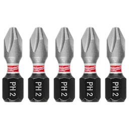 This image shows five SHOCKWAVE™ 1" Impact Duty Phillips #2 Insert Bits (5 PK) arranged side by side. The bits have a silver tip, red band with "Milwaukee" branding, and black base labeled "PH2".
