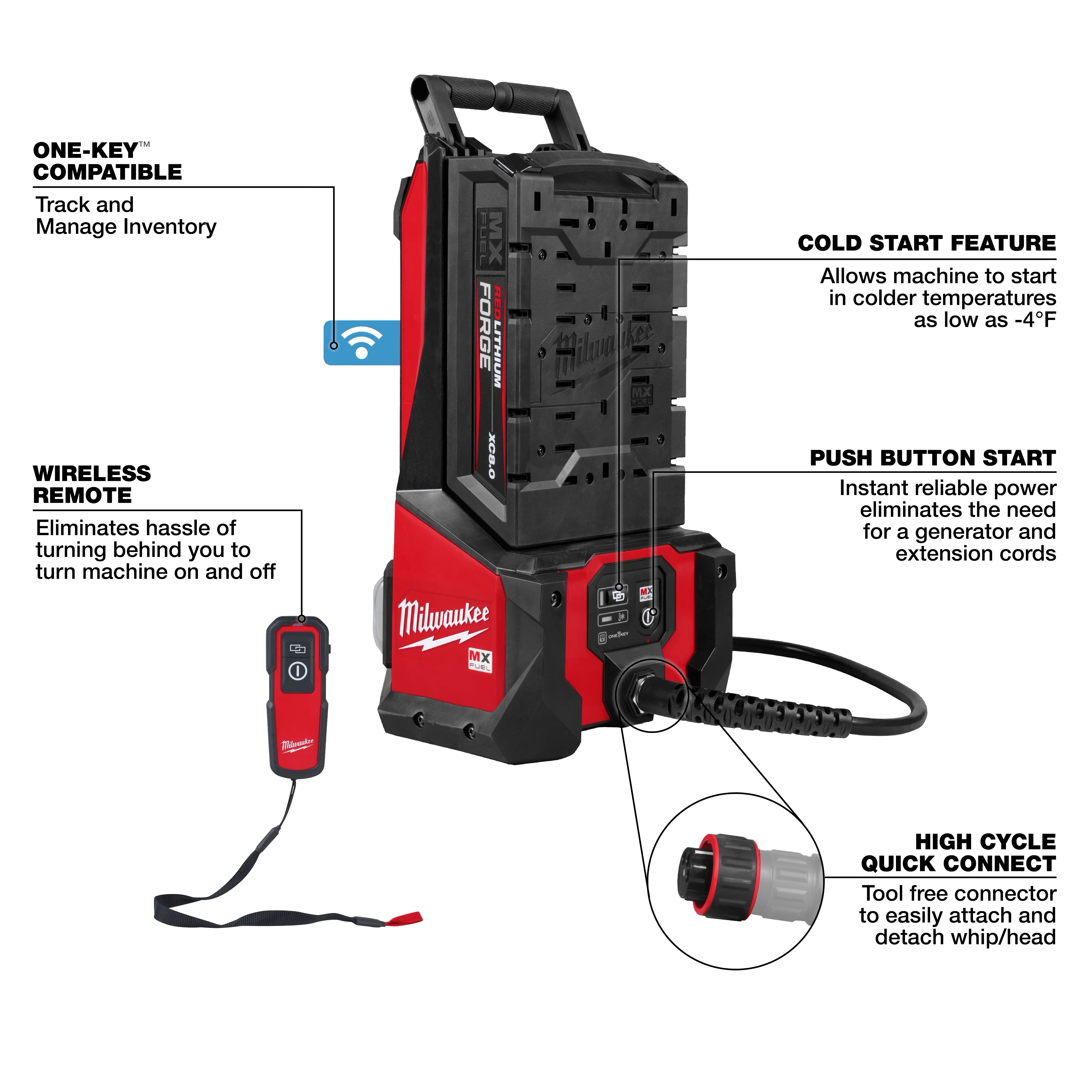 The MX FUEL™ High Cycle Concrete Vibrator Kit features a push button start, wireless remote, high cycle quick connect, and cold start capability. It is One-Key™ compatible for inventory tracking and management. The product is black and red with a handle on top and a connected power cord.