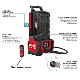 The MX FUEL™ High Cycle Concrete Vibrator Kit features a push button start, wireless remote, high cycle quick connect, and cold start capability. It is One-Key™ compatible for inventory tracking and management. The product is black and red with a handle on top and a connected power cord.