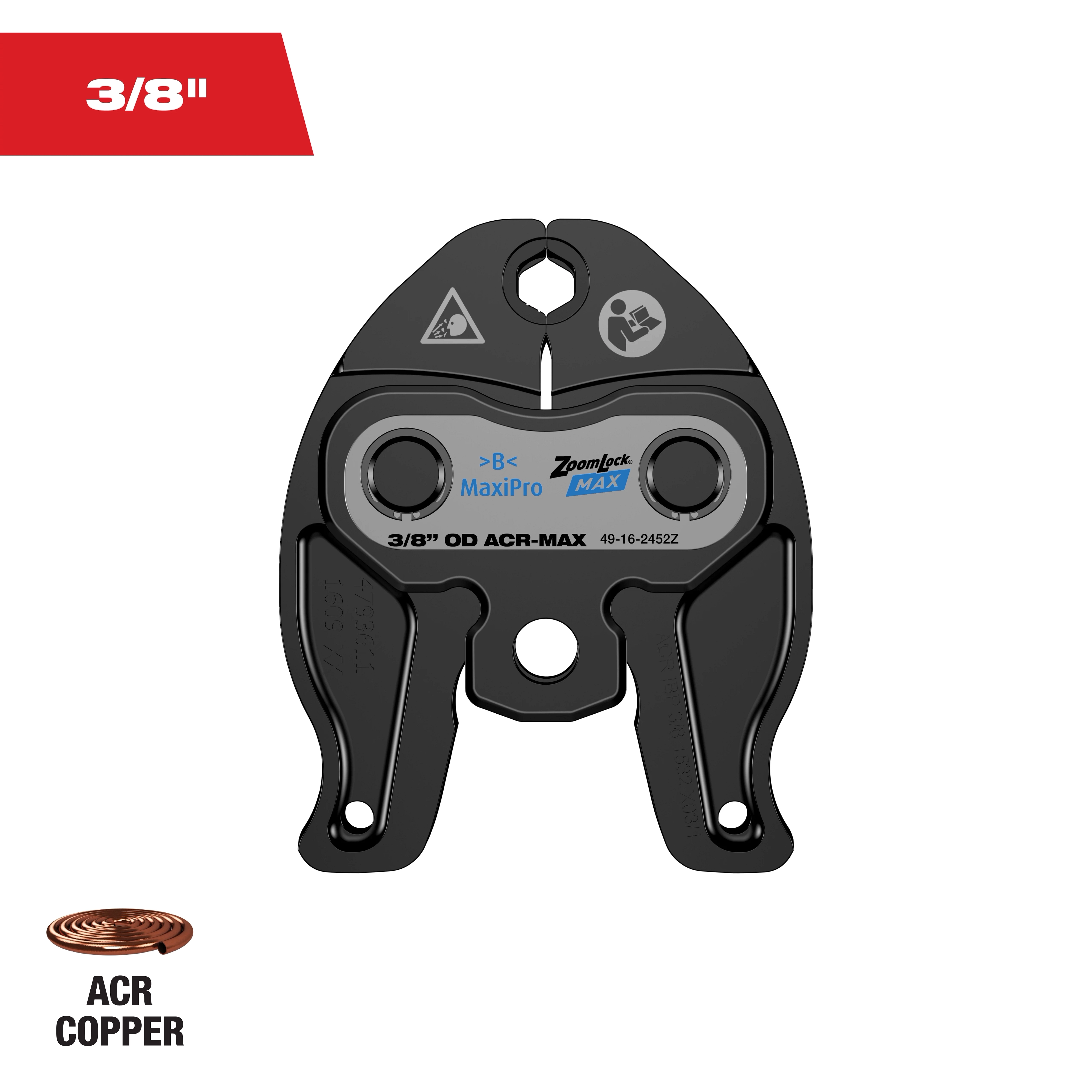 The image shows a black press jaw tool for a 3/8" OD ACR-MAX, labeled "Zoomlock Max" and "MaxiPro." The background includes a red 3/8" label on the top left and an ACR copper coil icon with "ACR COPPER" text on the bottom left.