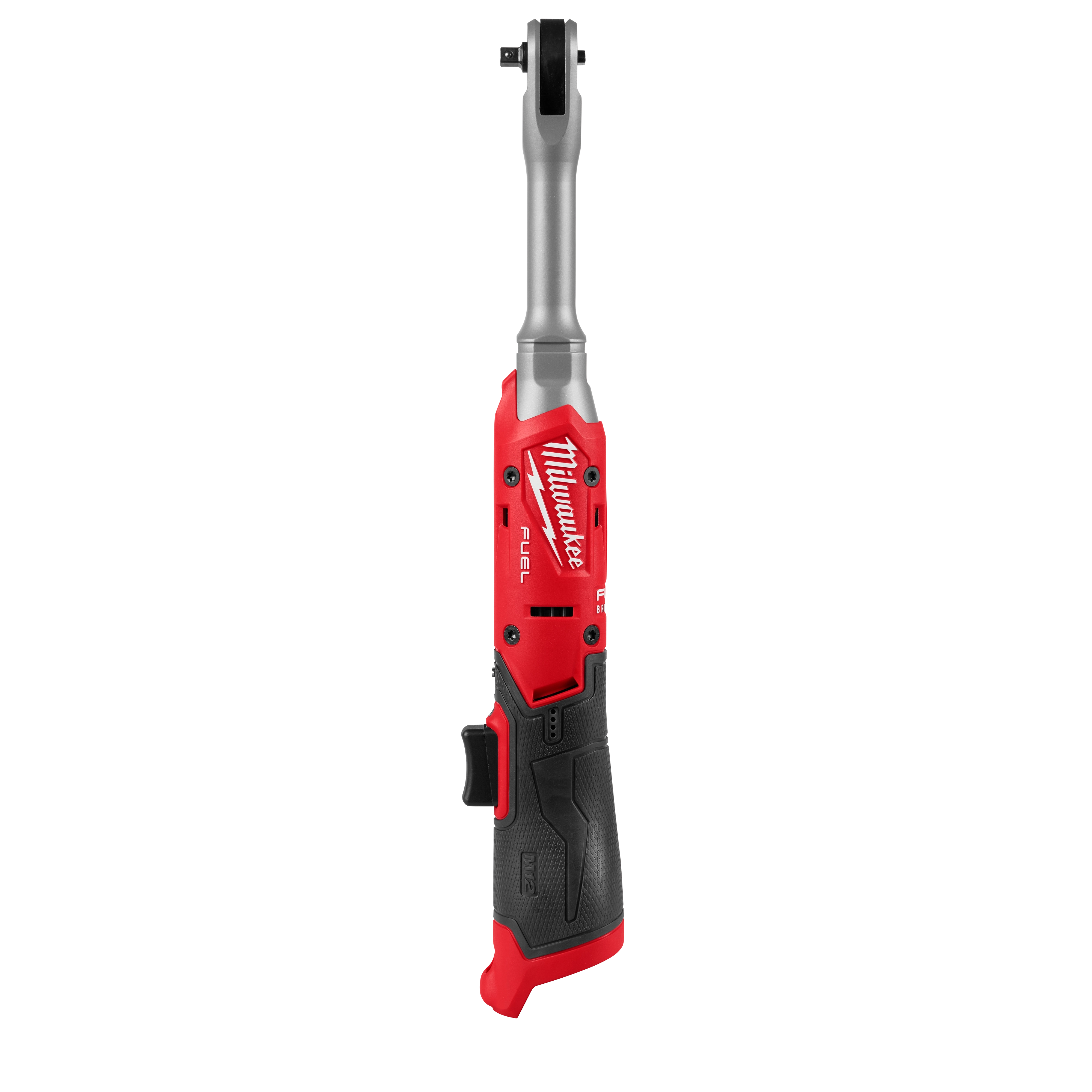 The M12 FUEL 1/4" Extended Reach Ratchet features a red and black ergonomic design with a long silver neck for improved accessibility in tight spaces. The Milwaukee brand is depicted prominently on the red casing, emphasizing durability and advanced technology for professional use.