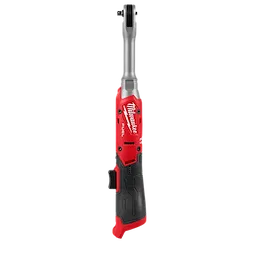 The M12 FUEL 1/4" Extended Reach Ratchet features a red and black ergonomic design with a long silver neck for improved accessibility in tight spaces. The Milwaukee brand is depicted prominently on the red casing, emphasizing durability and advanced technology for professional use.