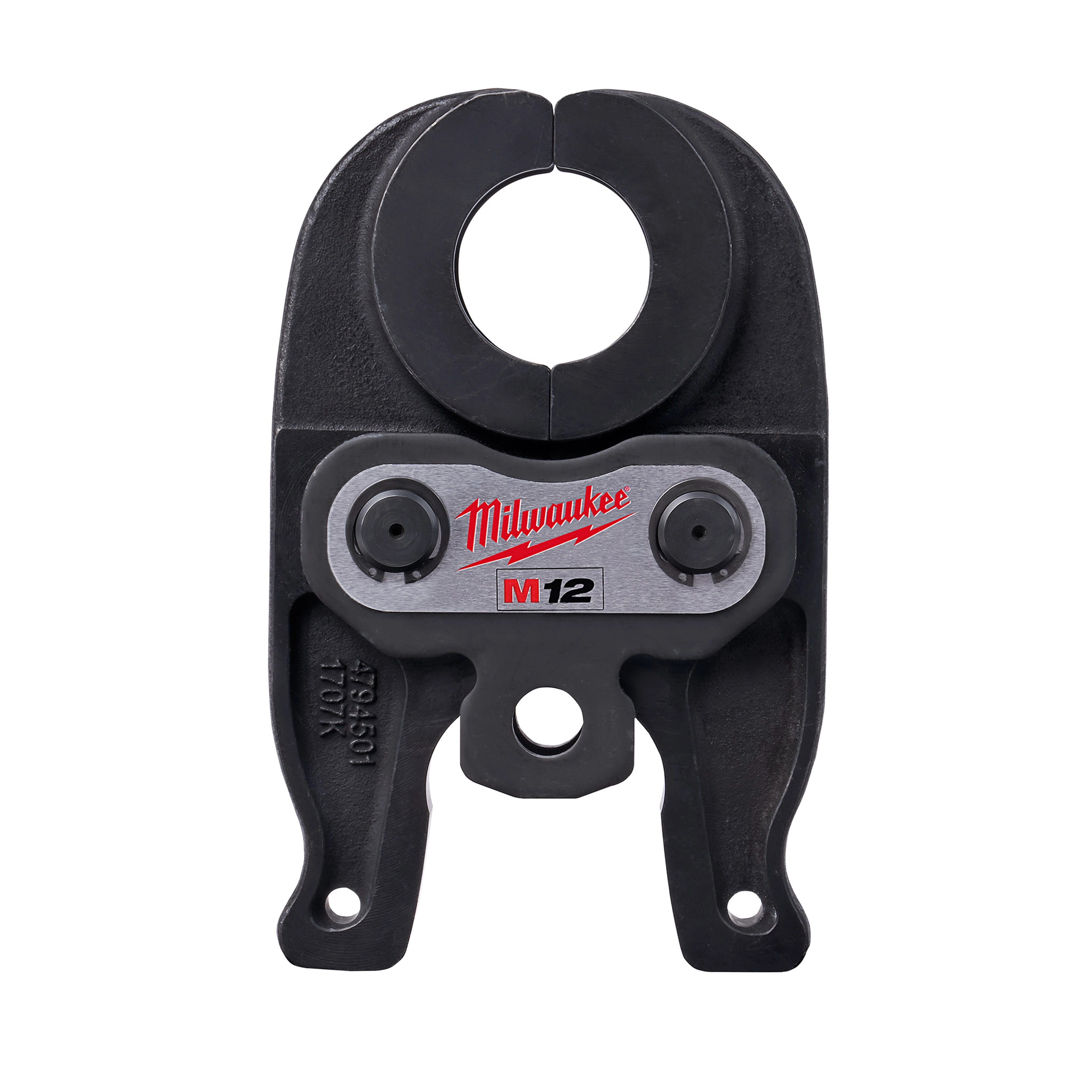 Milwaukee M12 3/4" BIP Jaw, a black and silver tool attachment with a circular top opening and two bolts on the front.