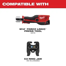 1/4" - 7/8" Streamline® ACR Pivoting Press Ring Kit for M12™ FORCE LOGIC™ Press Tool includes compatible tools: the red and black M12™ FORCE LOGIC™ Press Tool, model 2473, and the X3 Ring Jaw, model 49-16-2459X3. The kit is designed for HVAC applications.