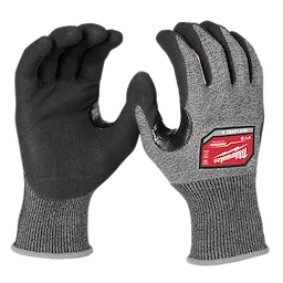 Cut Level 4 High-Dexterity Nitrile Dipped Gloves - S have a black nitrile coating on the palms and grey knit fabric on the back.