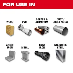 For Use In: Various materials including wood, PVC, copper, aluminum, duct/sheet metal, angle iron, metal, cast iron, stainless steel.