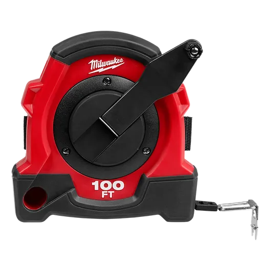 100FT Closed Reel Long Tape in red and black casing with a crank handle for retraction, displaying the 100 FT measurement.