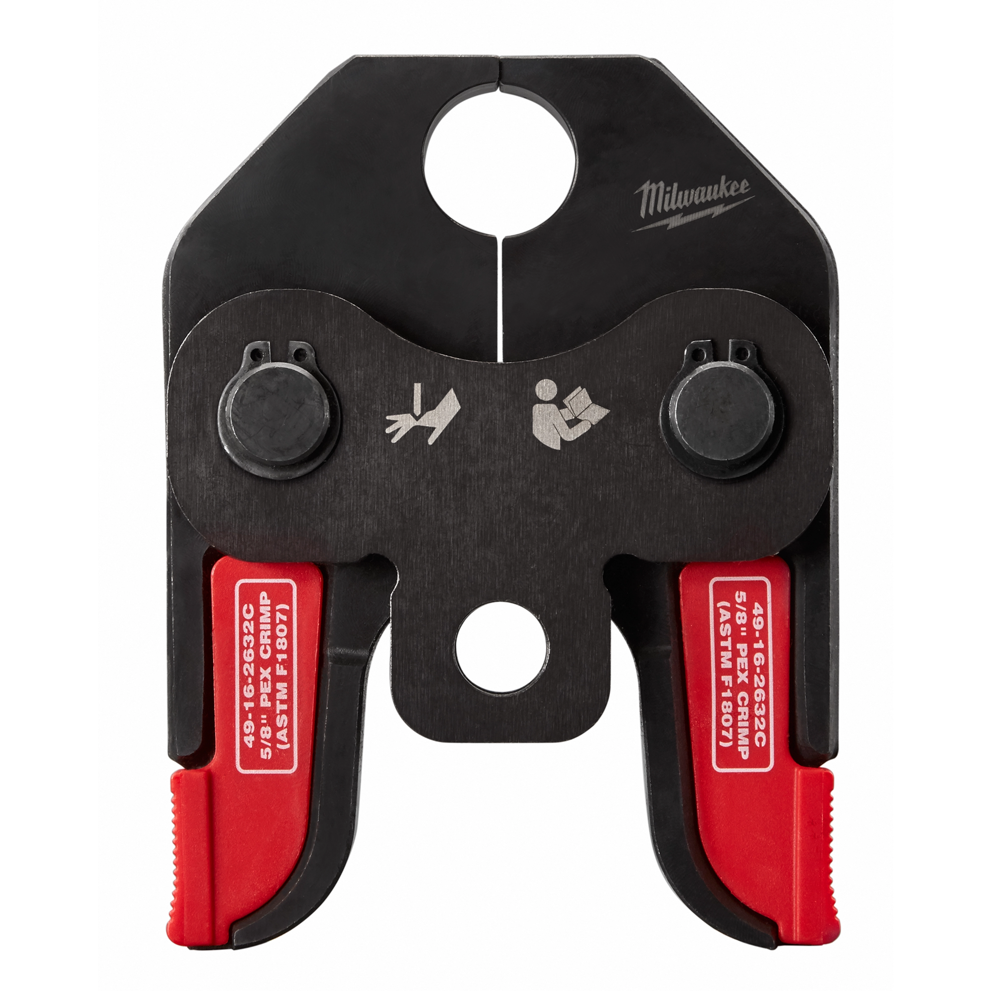 PEX Crimp Jaws by Milwaukee are black and red tools used for crimping PEX pipe fittings, indicated with instructional graphics.