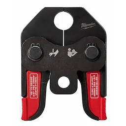 PEX Crimp Jaws by Milwaukee are black and red tools used for crimping PEX pipe fittings, indicated with instructional graphics.