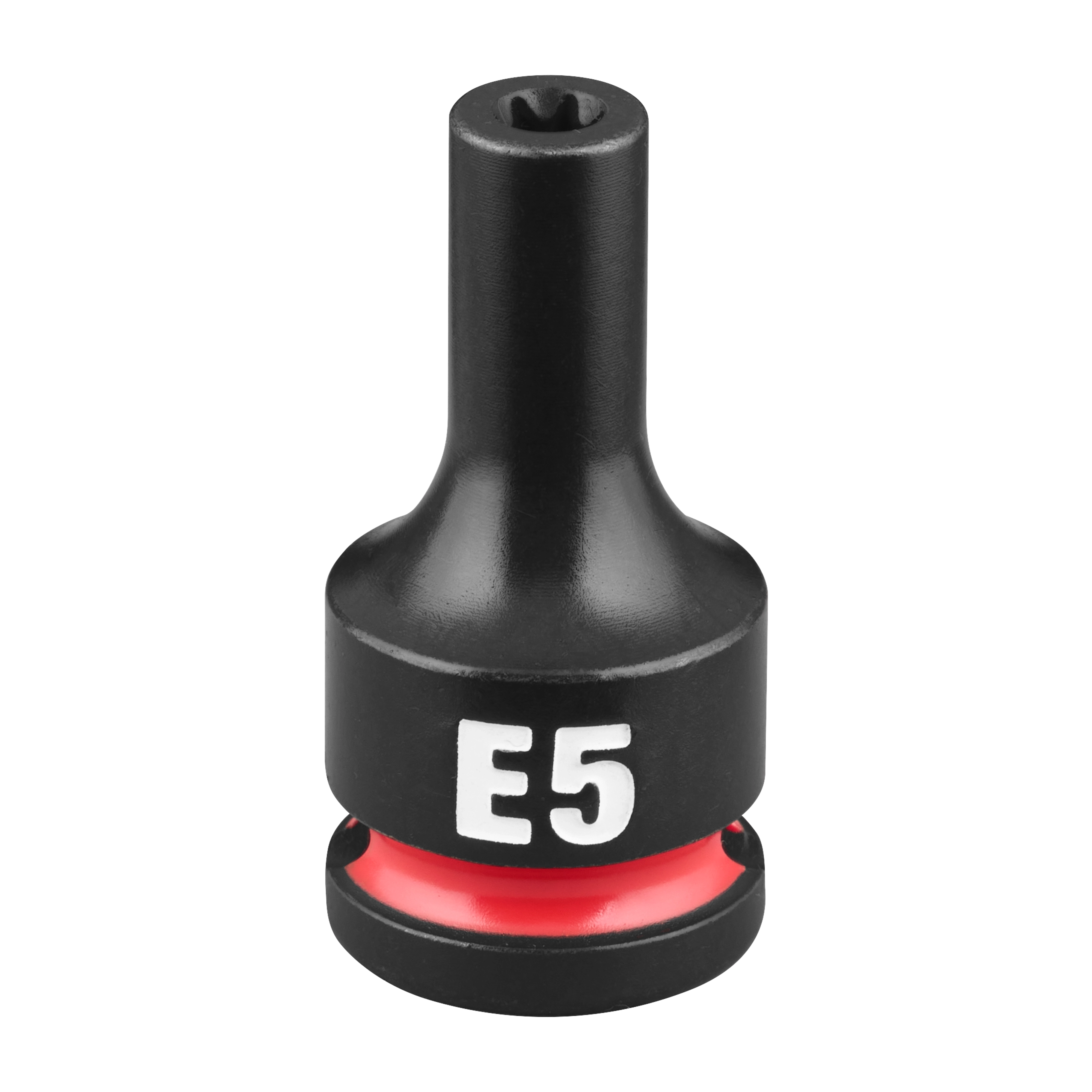 The SHOCKWAVE Impact Duty 3/8" Drive E-Torx E5 Bit Socket is a black tool with a red band near the base and "E5" marked in white. It is designed for high impact applications and fits 3/8" drive systems.