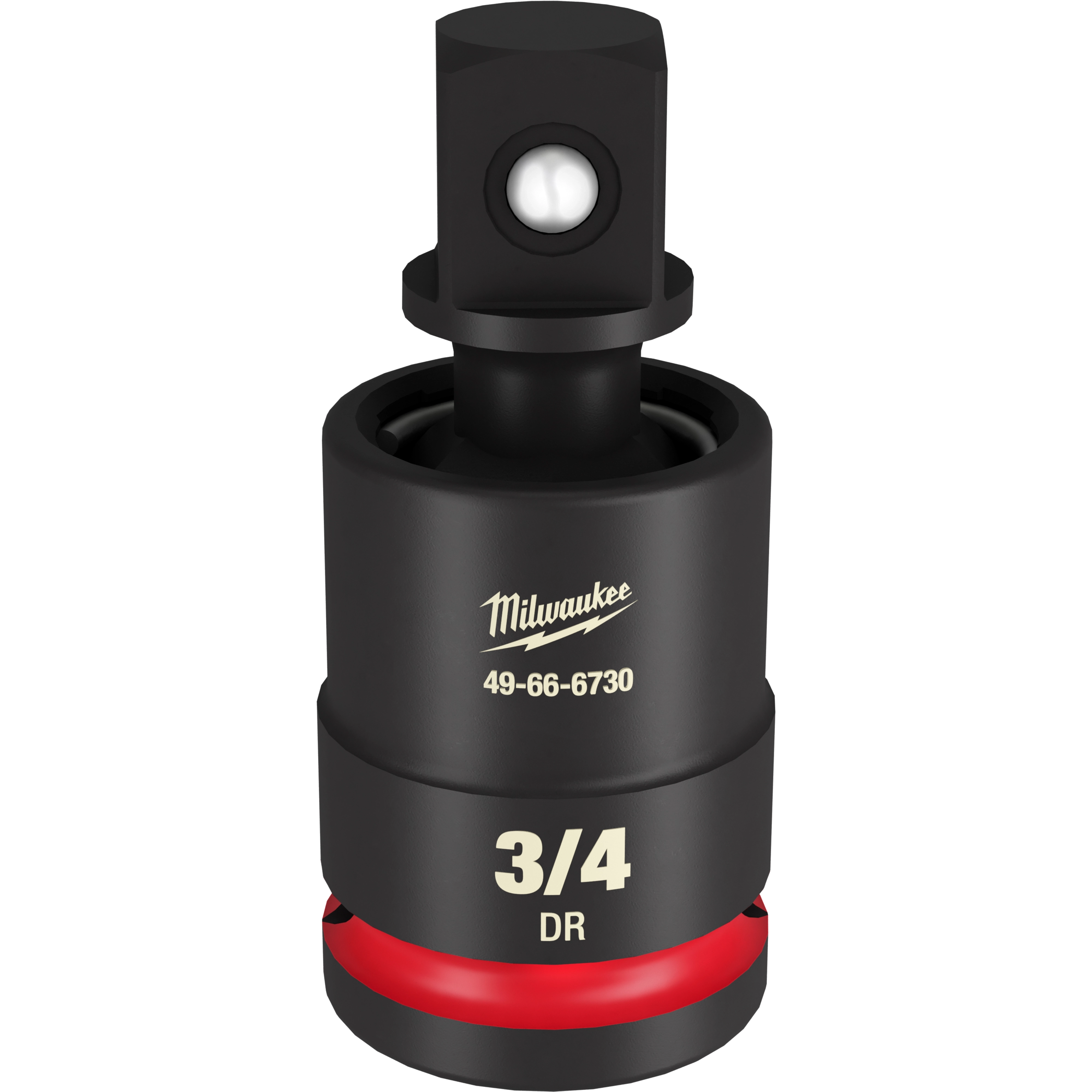 The image shows a black Milwaukee 3/4 DR Impact Universal Joint with the model number 49-66-6730. The joint features a red ring near the base and has a sturdy, compact design for use with impact tools.