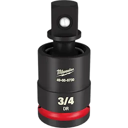 The image shows a black Milwaukee 3/4 DR Impact Universal Joint with the model number 49-66-6730. The joint features a red ring near the base and has a sturdy, compact design for use with impact tools.