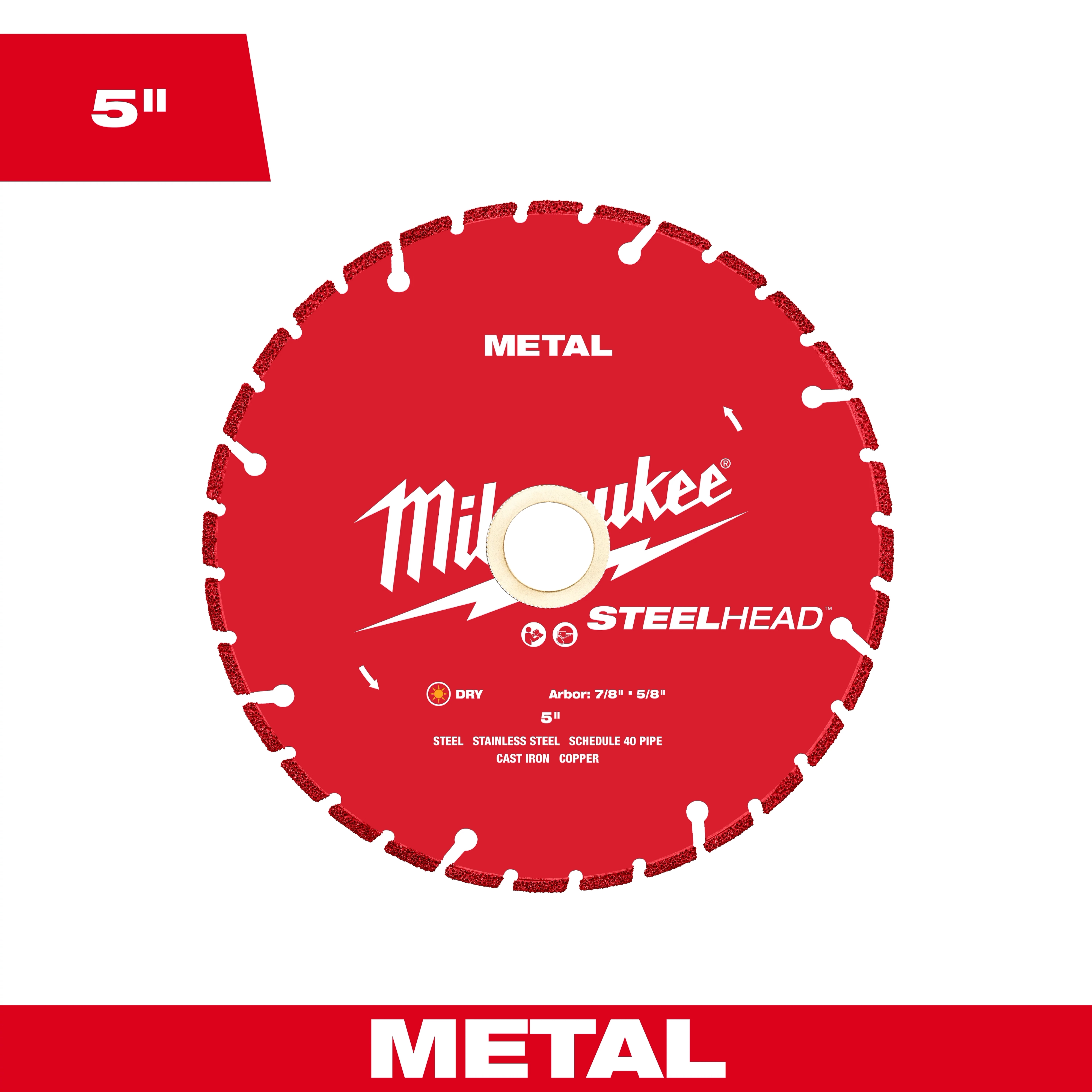 Milwaukee Steelhead 5-inch metal cutting blade, featuring a red circular design with a central hole. It is suitable for cutting steel, stainless steel, schedule 40 pipe, cast iron, and copper. The blade is labeled for dry cutting and has a 7/8" or 5/8" arbor.