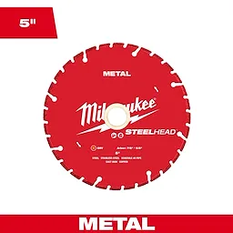 Milwaukee Steelhead 5-inch metal cutting blade, featuring a red circular design with a central hole. It is suitable for cutting steel, stainless steel, schedule 40 pipe, cast iron, and copper. The blade is labeled for dry cutting and has a 7/8" or 5/8" arbor.