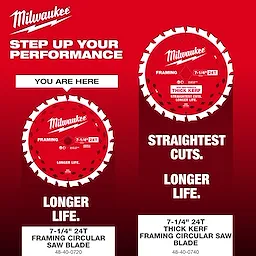 Milwaukee 7-1/4" 24T Framing Circular Saw Blade with a bright red design, promoting longer life and straight cuts. Model 48-40-0720.