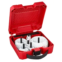 Red carrying case holding 16 PC Hole Dozer Plumbers Kit with assorted white hole saws and black arbors, designed for plumbing tasks.